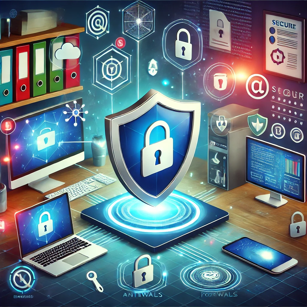 Digital shield protecting devices like laptops and mobile phones in a small business office, surrounded by security icons such as locks and firewalls, symbolizing cybersecurity measures for SMBs.
