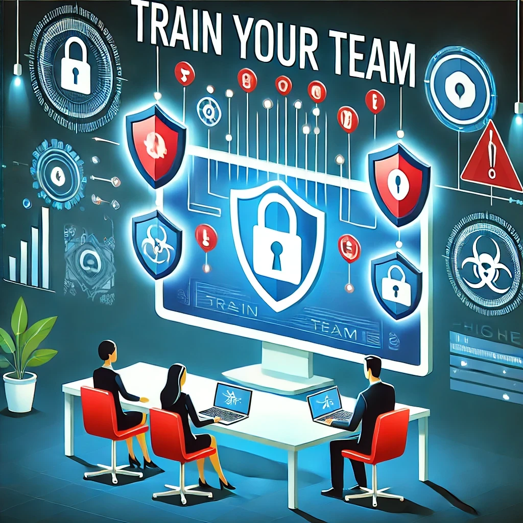 Emphasizing the role of employees as the strongest defense in cybersecurity, highlighting the importance of training them to recognize threats like phishing emails and suspicious links. Describes how regular training sessions empower employees to become cybersecurity champions, safeguarding the business without needing a superhero cape.