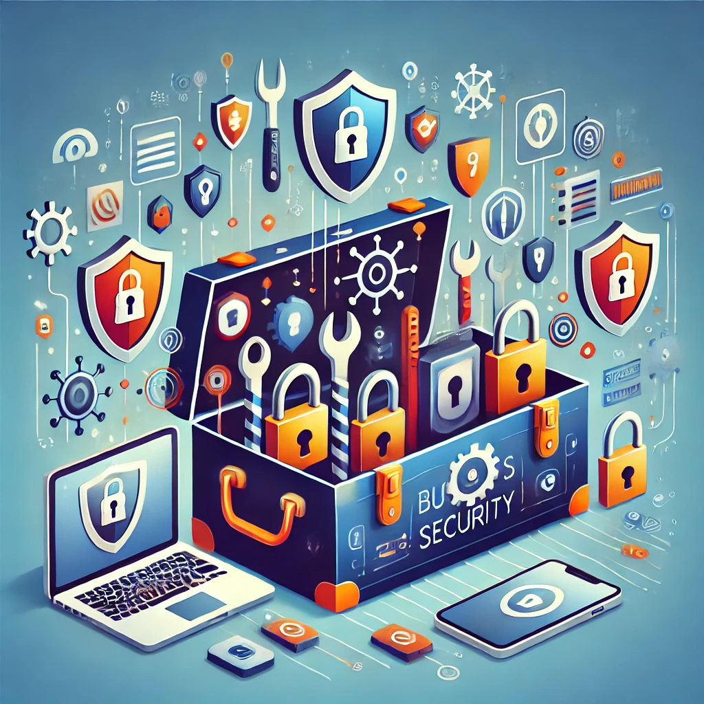 Illustration of a business security toolkit, featuring essential cybersecurity tools like firewalls, antivirus software, multi-factor authentication, and data encryption. Represents a comprehensive set of resources designed to protect business systems, networks, and sensitive information from cyber threats.