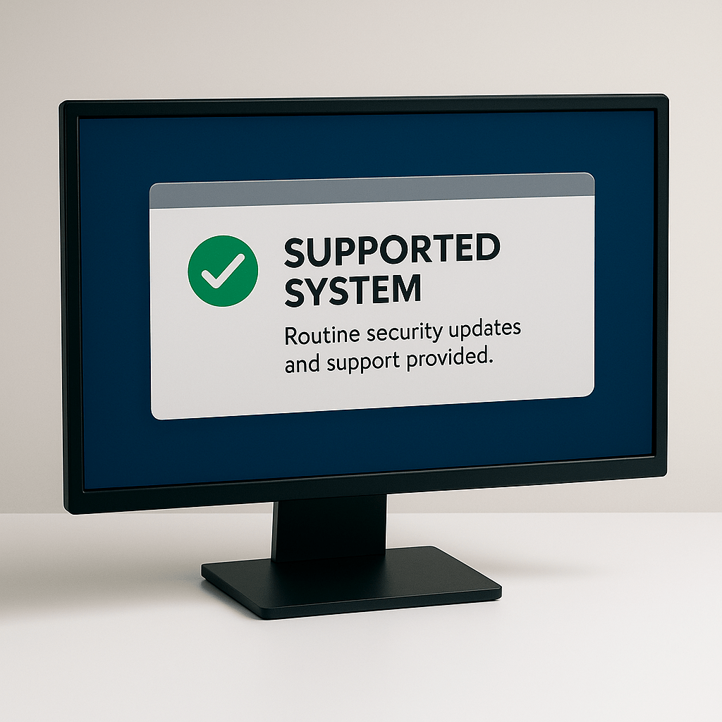Modern desktop computer displaying a message that reads 'Supported System: Routine security updates and support provided' with a green checkmark icon.
