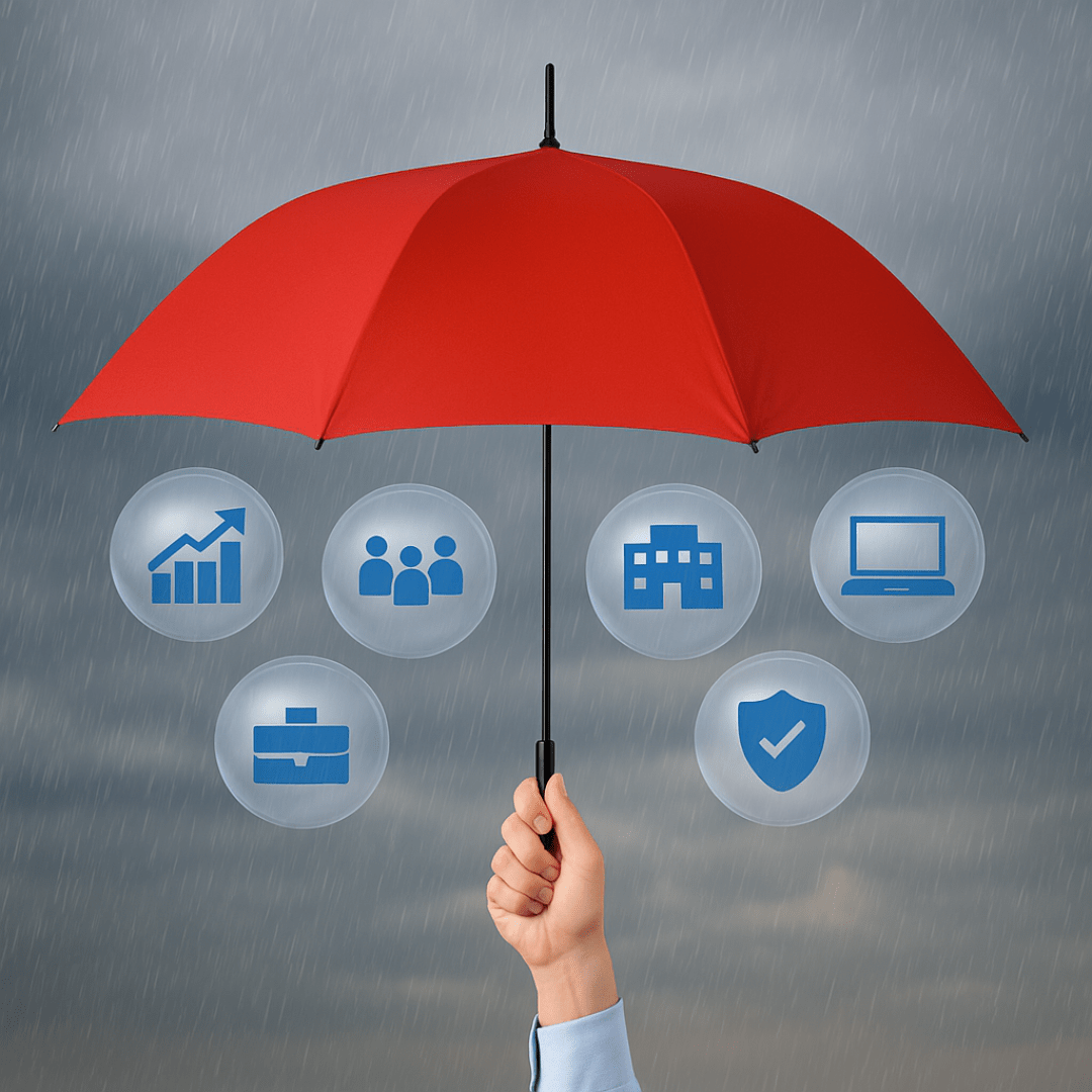 Business Protection Under Cyber Insurance Readiness Realistic hand holding red umbrella protecting business icons from rain and storms