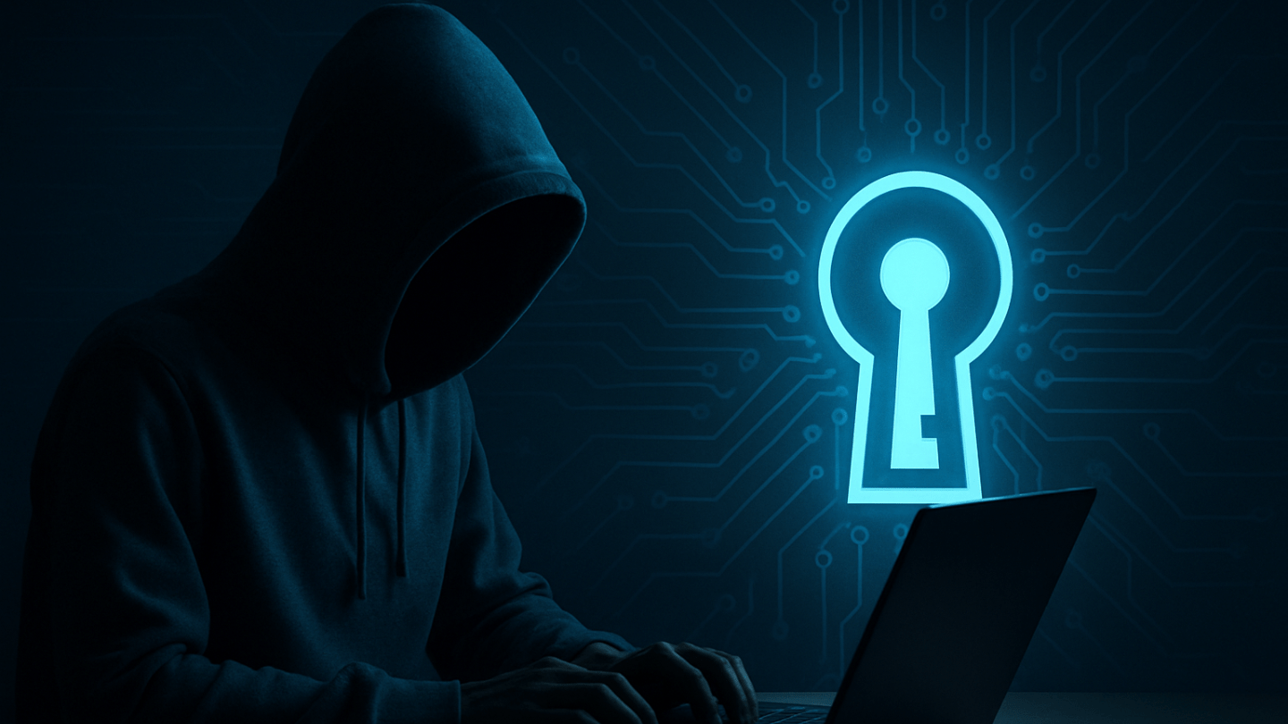 A glowing digital brain with AI circuits beside a laptop showing a red skull, symbolizing AI-powered ransomware attacks