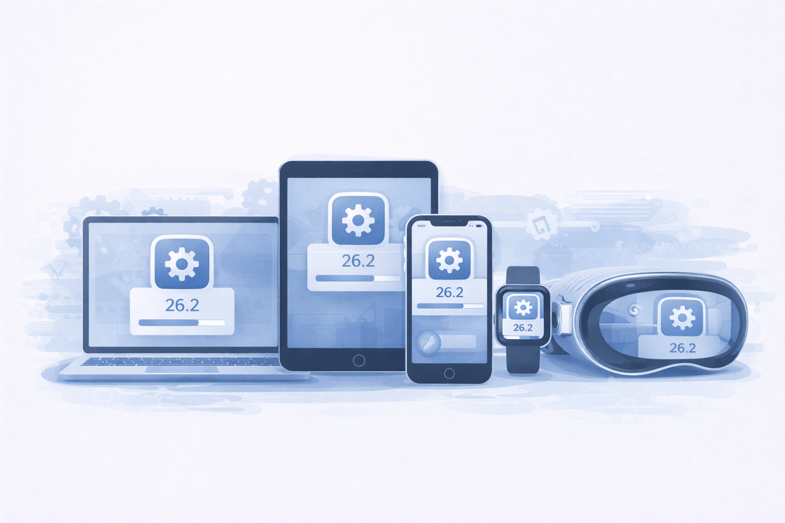 Illustration showing multiple Apple devices displaying a software update, including laptop, tablet, phone, watch, and headset<br />
