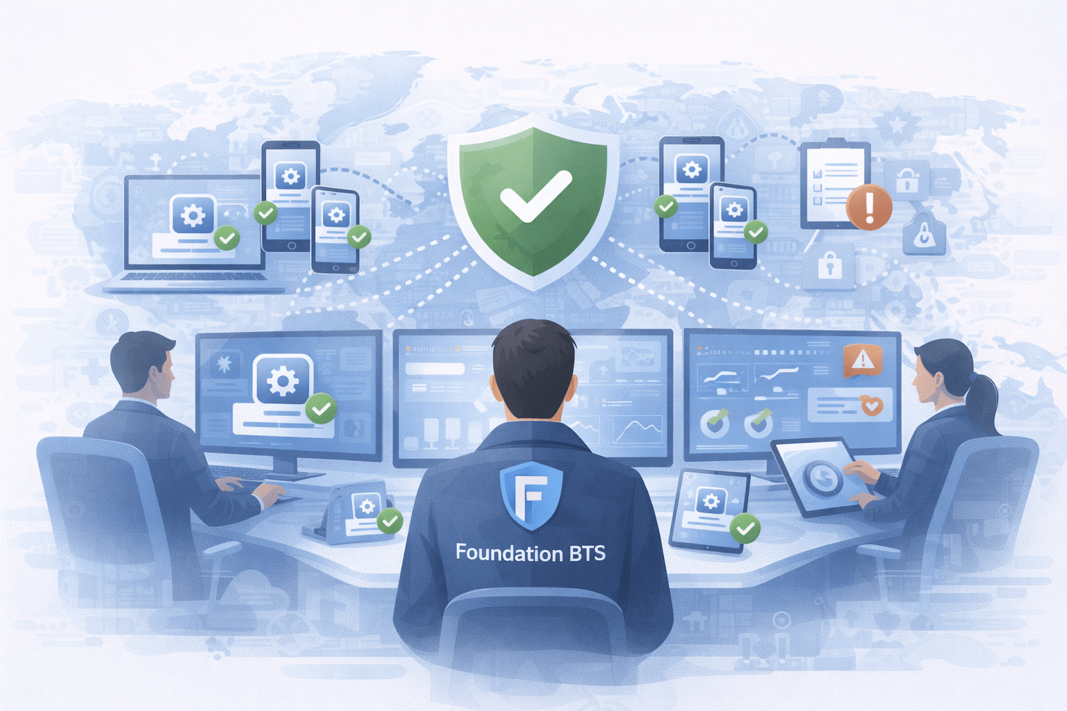 Illustration showing a managed security team monitoring and verifying software updates across multiple business devices<br />
