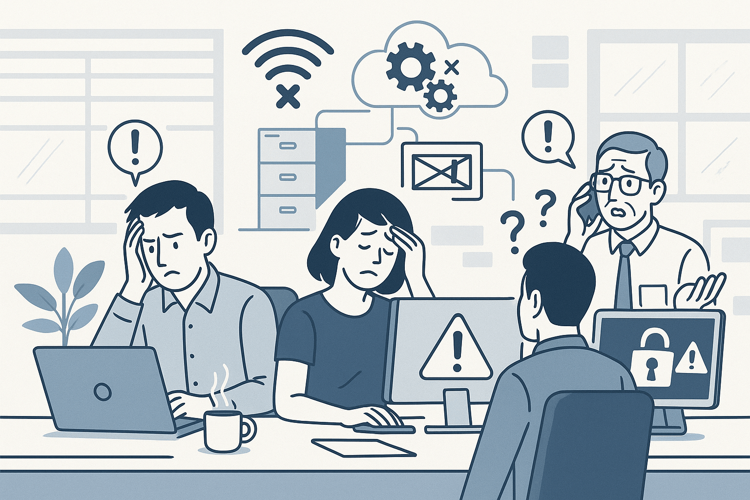 Illustration showing cloud connectivity, Wi-Fi, and network performance issues affecting Toronto business productivity